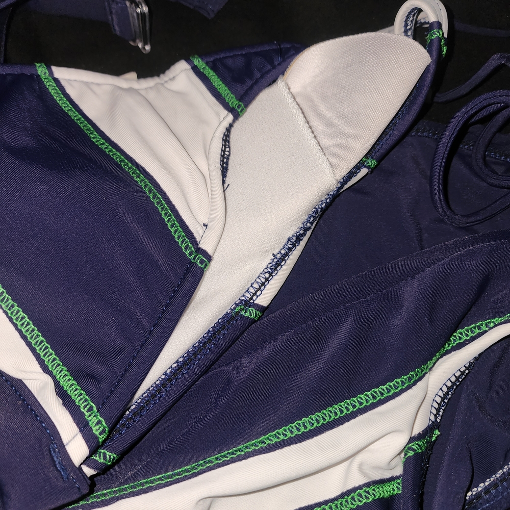 Navy & White Striped Triangle Bikini with Green Stitching - Picture 7 of 8